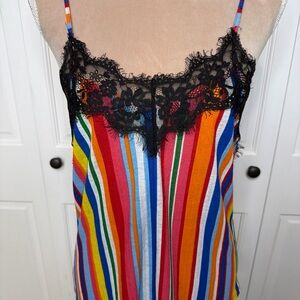 Zara Trafaluc Rainbow Striped Chemise Small Black Lace Tank Top Camisole Boho